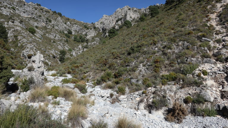 Im Flussbett des Río Almánchares. Die Steinmauer rechts markiert den Aufstieg.