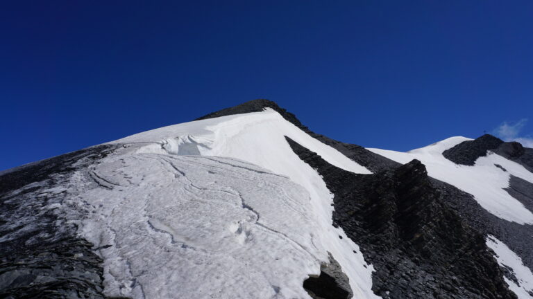 Kurz vor dem Vorgipfel geht es noch ein Stück über Gletscher. Achtung Wechte!