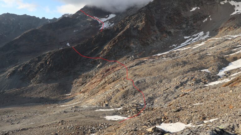 Ungefährer Wegverlauf über die Rippe auf den Lagginhorngletscher und den WSW-Grat dahinter