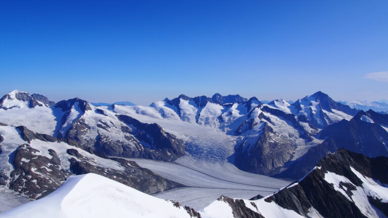 Ausblick vom Aletschhorn auf den Konkordiaplatz, Ursprung des Großen Aletschgletschers