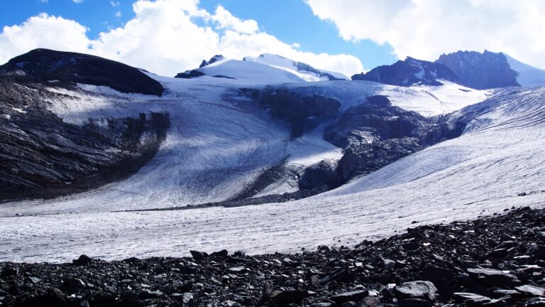 Rückblick auf die Gletscherquerung. Im Vordergrund der Hohlaubgletscher, hinten der Allalingletscher.